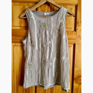 Anthro light gray tank decorated with lace ribbon